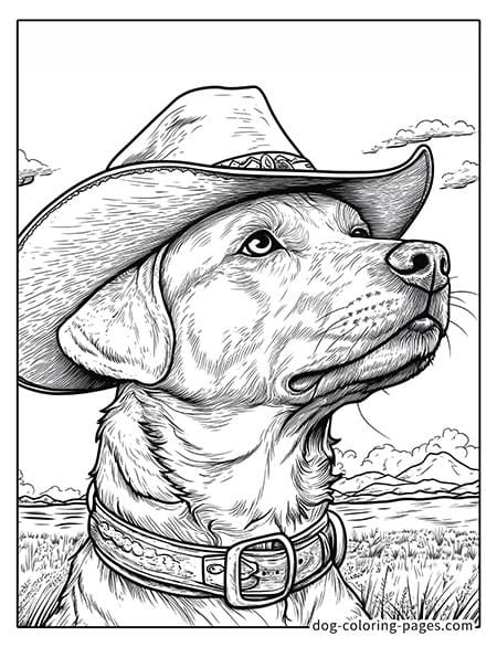 Disegni da colorare di cani realistici - con un cappello da cowboy 03