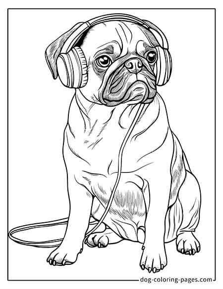 Pug Coloring Page - wearing headphones-11