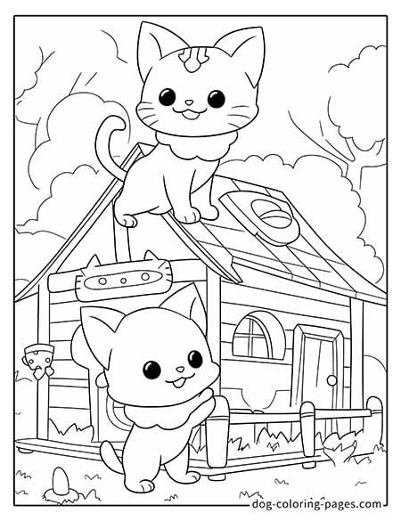 cat and dog coloring pages playing next to a house - 05