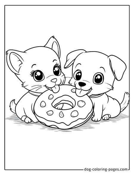 cat and dog coloring pages eating donuts 06