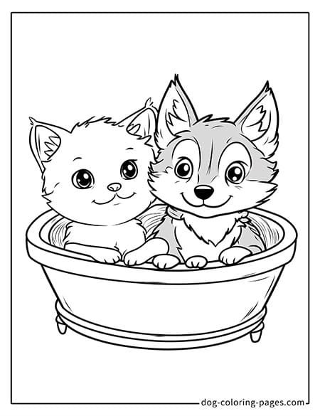 cat and dog coloring pages taking a bath together in a tub