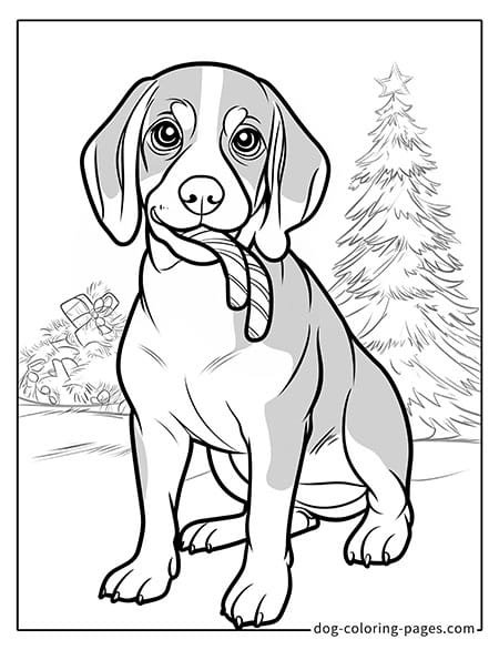 christmas coloring pages dogs - beside a decorated tree 10