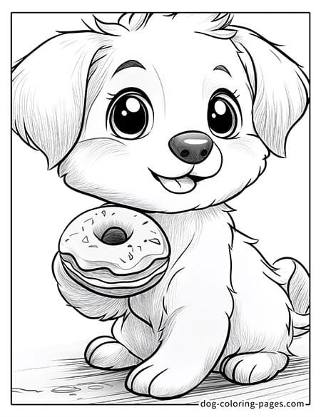 Cute puppy dog coloring page - Puppy holding a donut-01