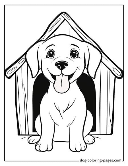 Cute puppy dog coloring page - Puppy sitting in front of a doghouse-03