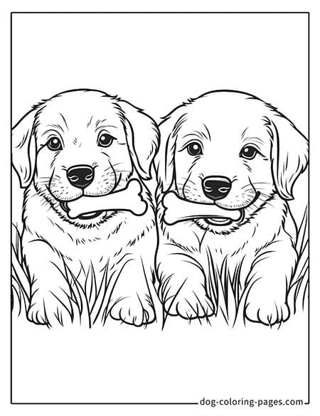 Cute puppy dog coloring page - Two puppies lying on the ground holding bones-04