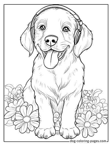 Cute puppy dog coloring page - Puppy listening to music-05