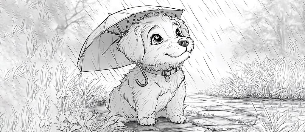 cute puppy dog coloring pages-with an umbrella in the rain-19