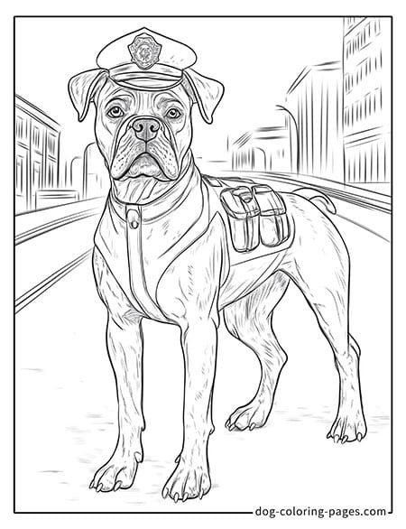 Boxer dog coloring page with in police uniform 07