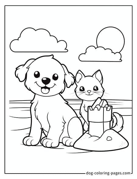 Cat and dog coloring page - Cat and dog building a sandcastle at the beach 1401