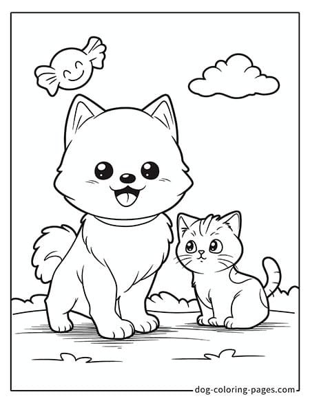 Cat and dog coloring page - Cat and dog sitting on the grass 1601