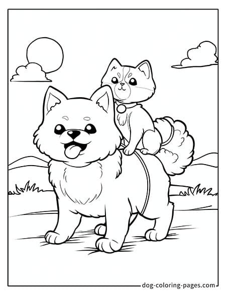 Cat and dog coloring page - Cat riding on the dog's back 1701