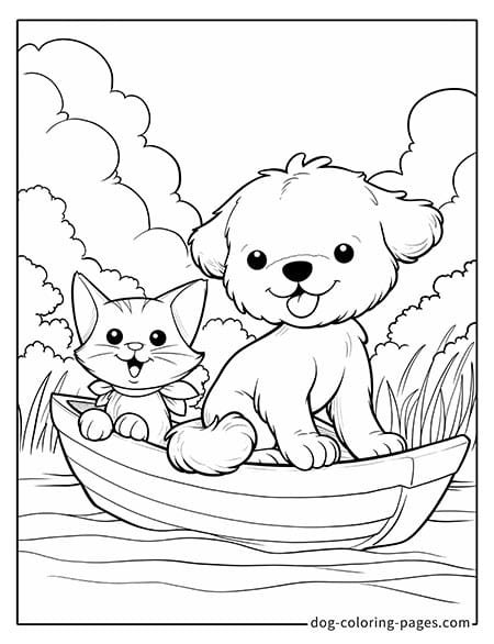 Cat and dog coloring page - Cat and dog sitting in a small boat 1801