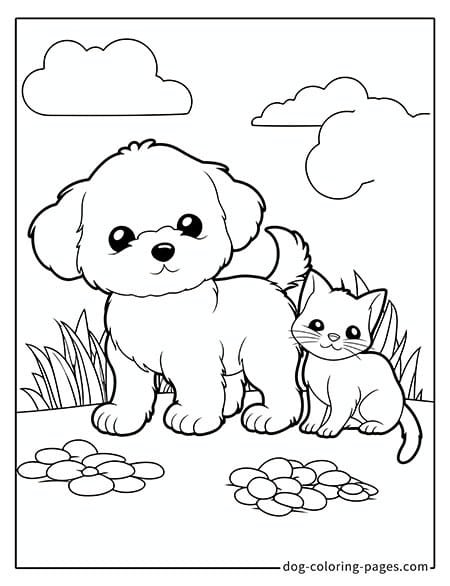 Cat and dog coloring page - Cat and dog playing in the grass 1901