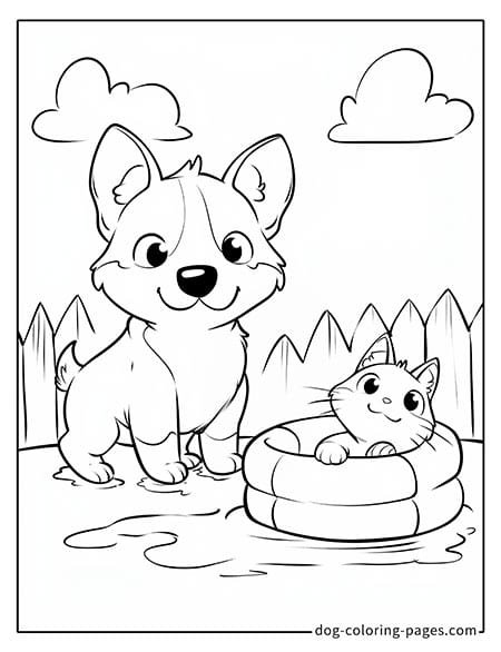 Cat and dog coloring page - Dog beside cat playing in a swim ring 2001