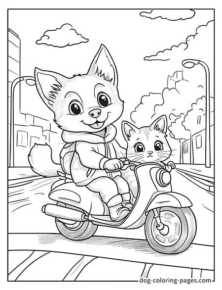 Cat and dog coloring page - Cat and dog riding scooters 2101