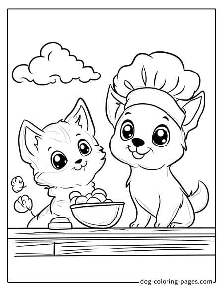 Cat and dog coloring page - Cat and dog cooking in the kitchen 2201