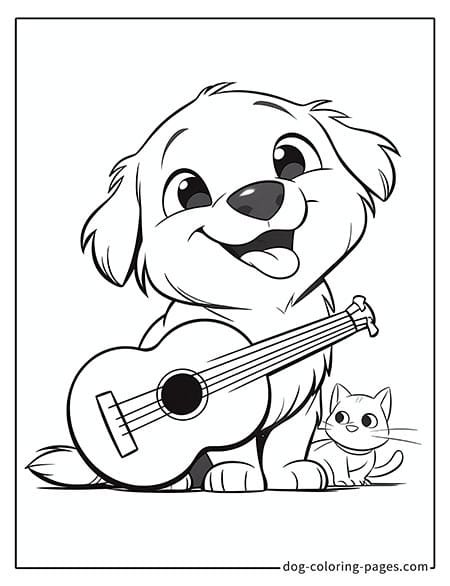 Cat and dog coloring page - Cat and dog playing guitar together 2401