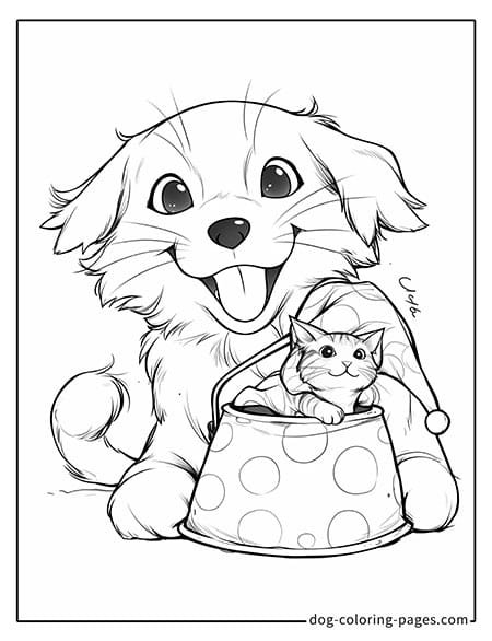 Cat and dog coloring page - Dog beside cat in a flower pot 2501