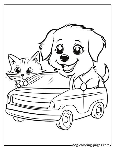 Cat and dog coloring page - Cat and dog driving a car 2601