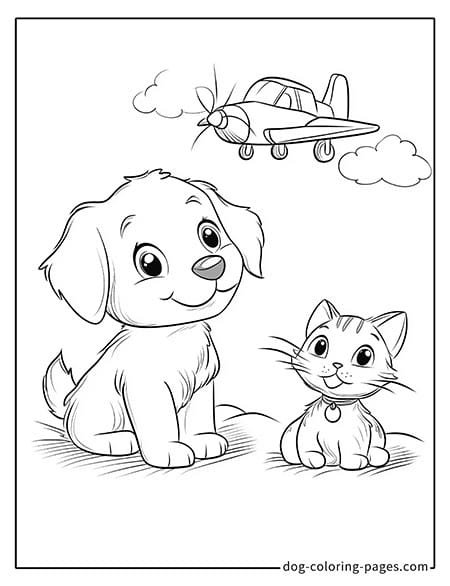 Cat and dog coloring page - Cat and dog sitting on the ground with a small plane in the sky 2701