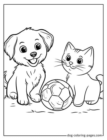 Cat and dog coloring page - Dog and cat playing soccer 2901