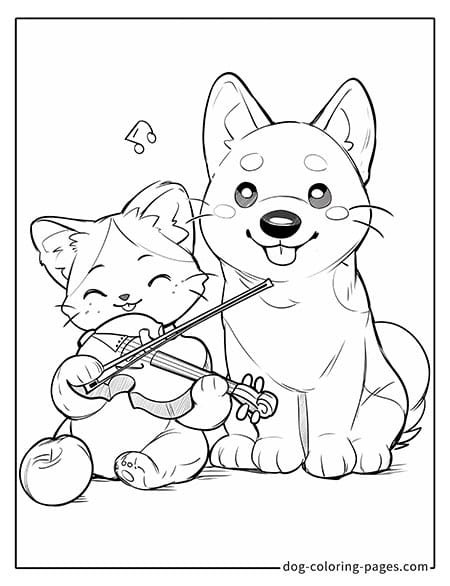 Cat and dog coloring page - Cat playing violin with dog beside 3001