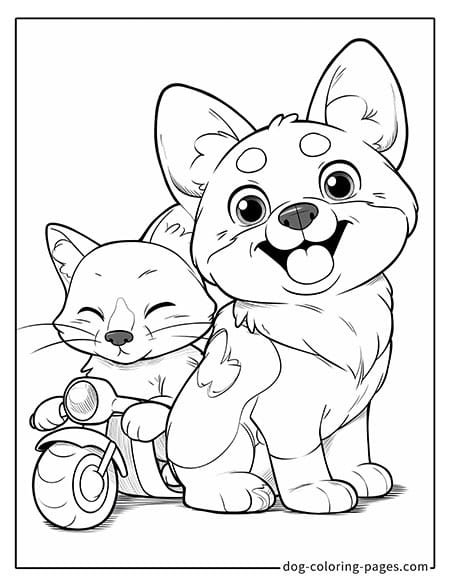 Cat and dog coloring page - Cat riding a motorcycle with dog beside 3101