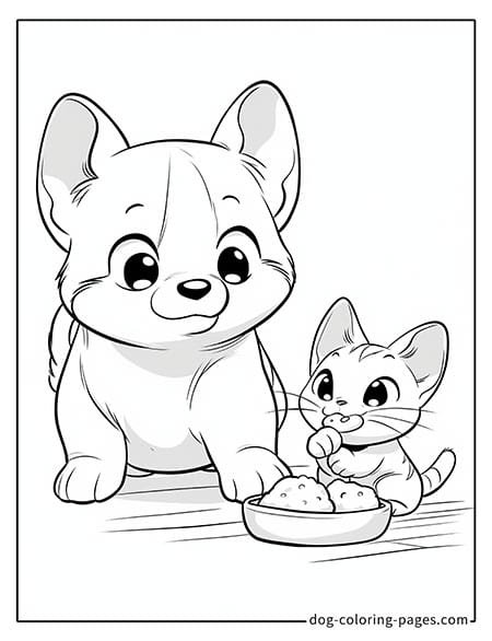 Cat and dog coloring page - Cat and dog eating together 3201