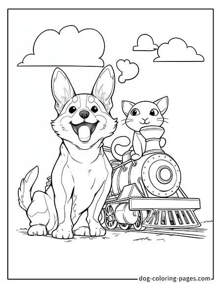 Cat and dog coloring page - Cat driving a vintage train with dog beside 3301