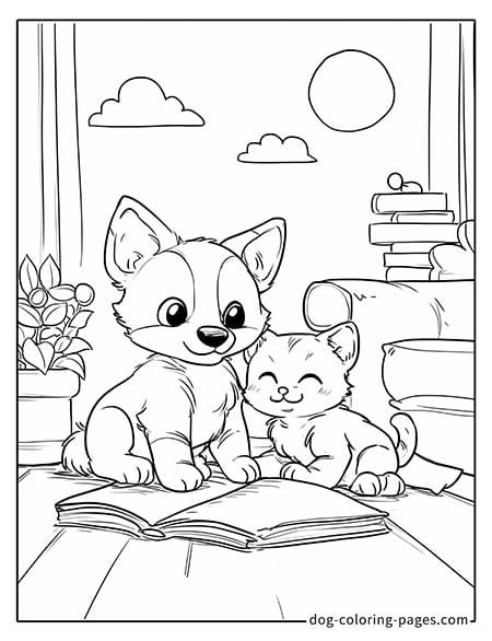 Cat and dog coloring page - Cat and dog reading in a study 3401