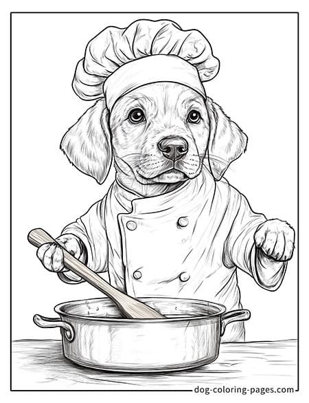 Cute puppy dog coloring page - Puppy chef with a chef hat 18