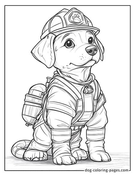 Cute puppy dog coloring page - Puppy firefighter with a fire helmet 19