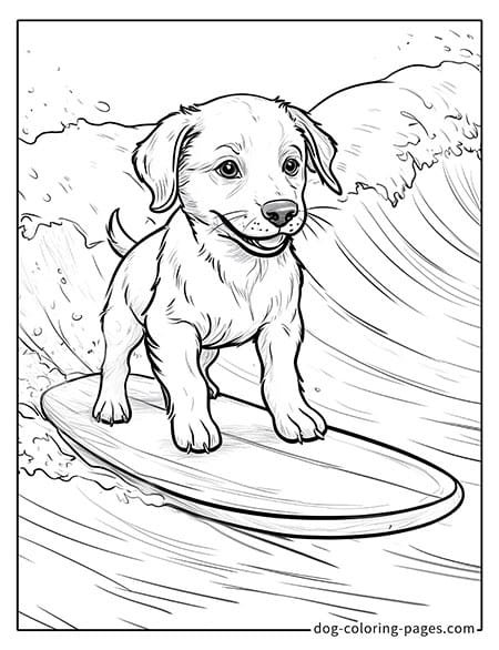 Cute puppy dog coloring page - Puppy surfing on a wave 20