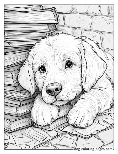 Cute puppy dog coloring page - Puppy lying on a book 26