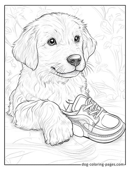 Cute puppy dog coloring page - Puppy playing with a shoe 27