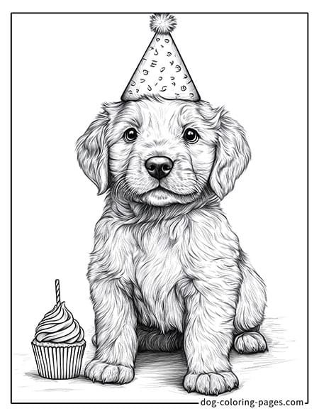 Cute puppy dog coloring page - Puppy wearing a birthday hat 36