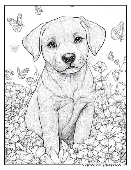 Cute puppy dog coloring page - Puppy in a flower bush 37