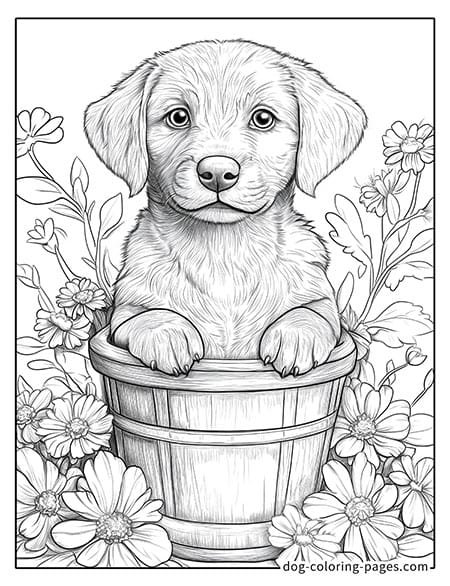 Cute puppy dog coloring page - Puppy in a flower pot 42