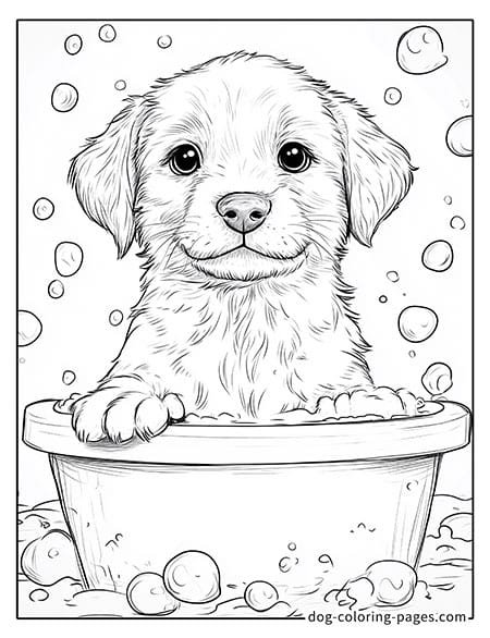 Cute puppy dog coloring page - Puppy taking a bath 46