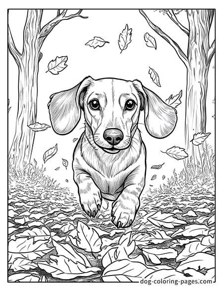 Dachshund dog coloring page - Dachshund running in the forest