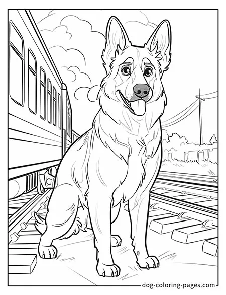 German Shepherd dog coloring page - German Shepherd next to a train 1301