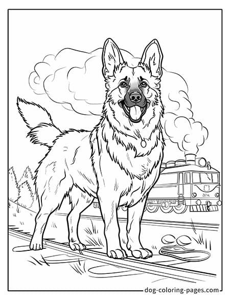 German Shepherd dog coloring page - German Shepherd next to a vintage train 1401