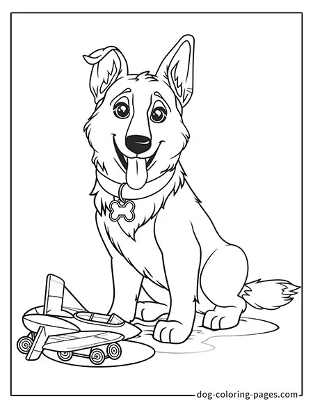 German Shepherd dog coloring page - German Shepherd next to a toy airplane 1501