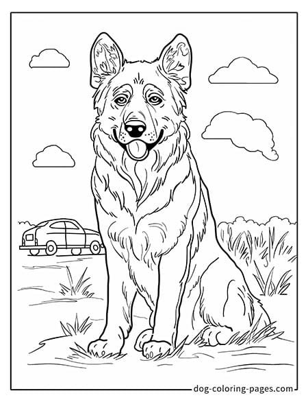 German Shepherd dog coloring page - German Shepherd with a car 2201