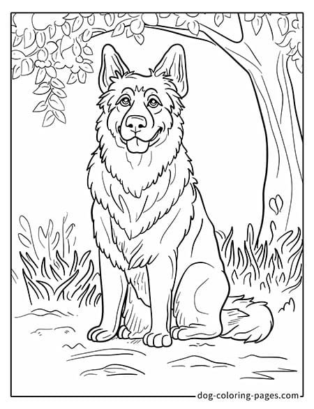 German Shepherd dog coloring page - German Shepherd sitting under a big tree 2301