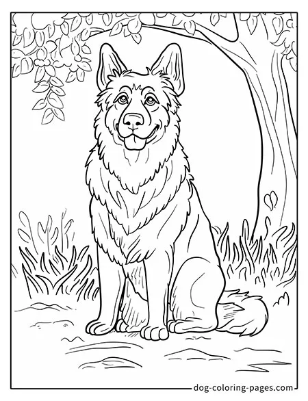 German Shepherd dog coloring page - German Shepherd sitting under a big tree 2301