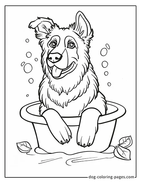 German Shepherd dog coloring page - German Shepherd sitting in a bathtub 2401