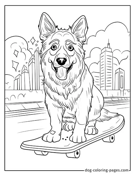 German Shepherd dog coloring page - German Shepherd riding a scooter 2501