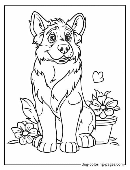 German Shepherd dog coloring page - German Shepherd sitting next to a flower pot 2801