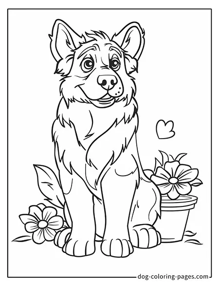 German Shepherd dog coloring page - German Shepherd sitting next to a flower pot 2801